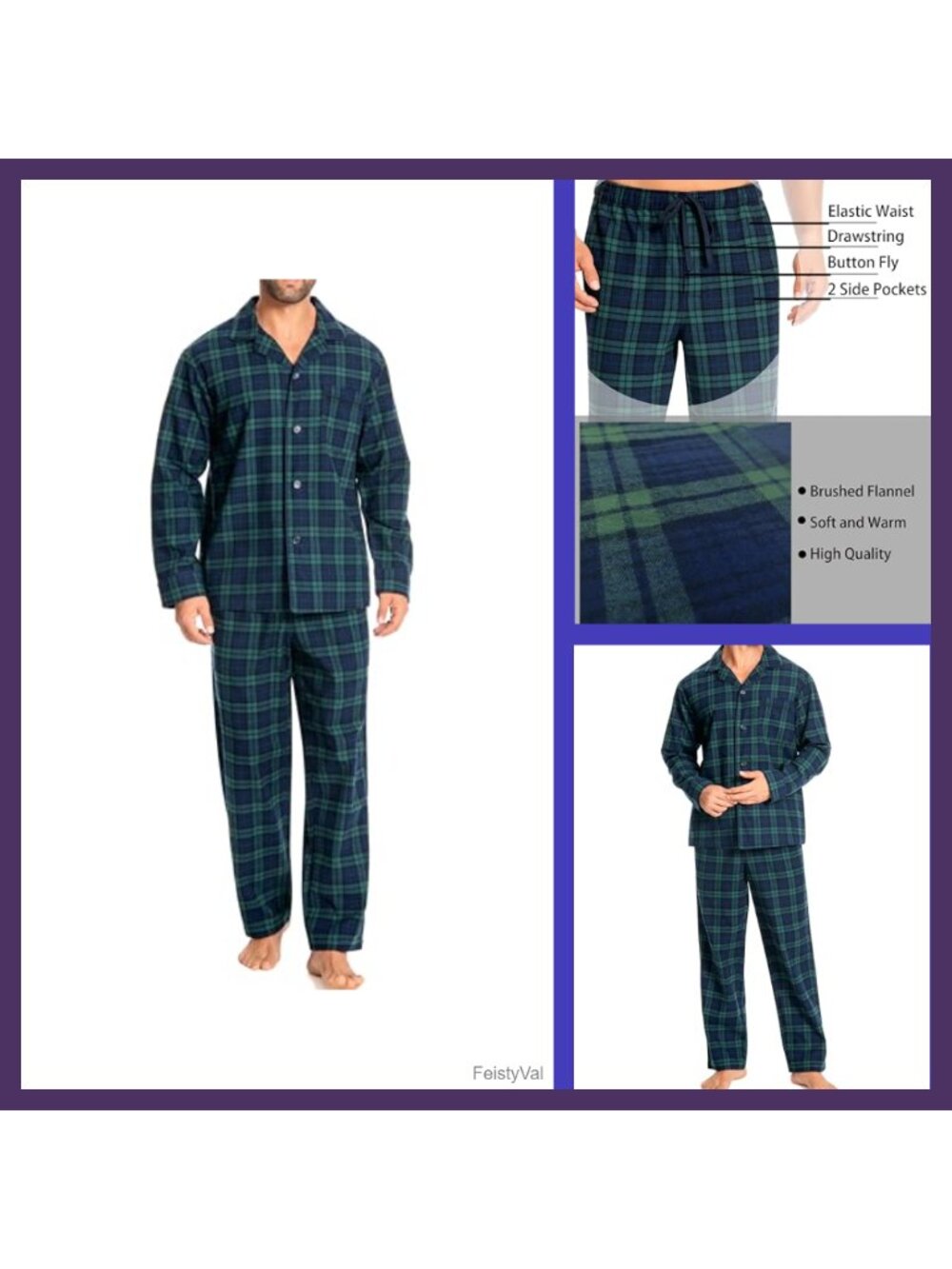 Mens 100% Cotton Flannel Pajama Set Plaid Soft Brushed Warm Long Sleeve